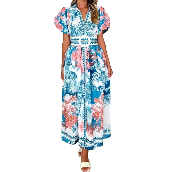Garden Floral Button-Up Mock Neck Puff Sleeve Wide Belt Slit Front Maxi Dress - Picture 5 of 12